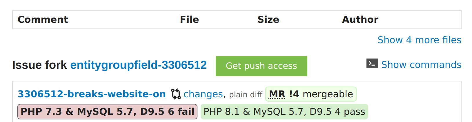 Screenshot of d.o issue showing the link to the issue fork