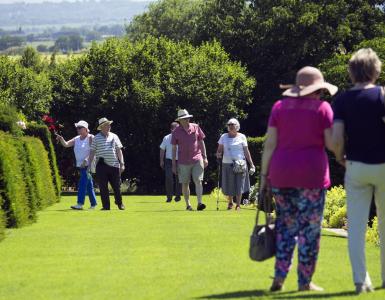 People walking on green lawn